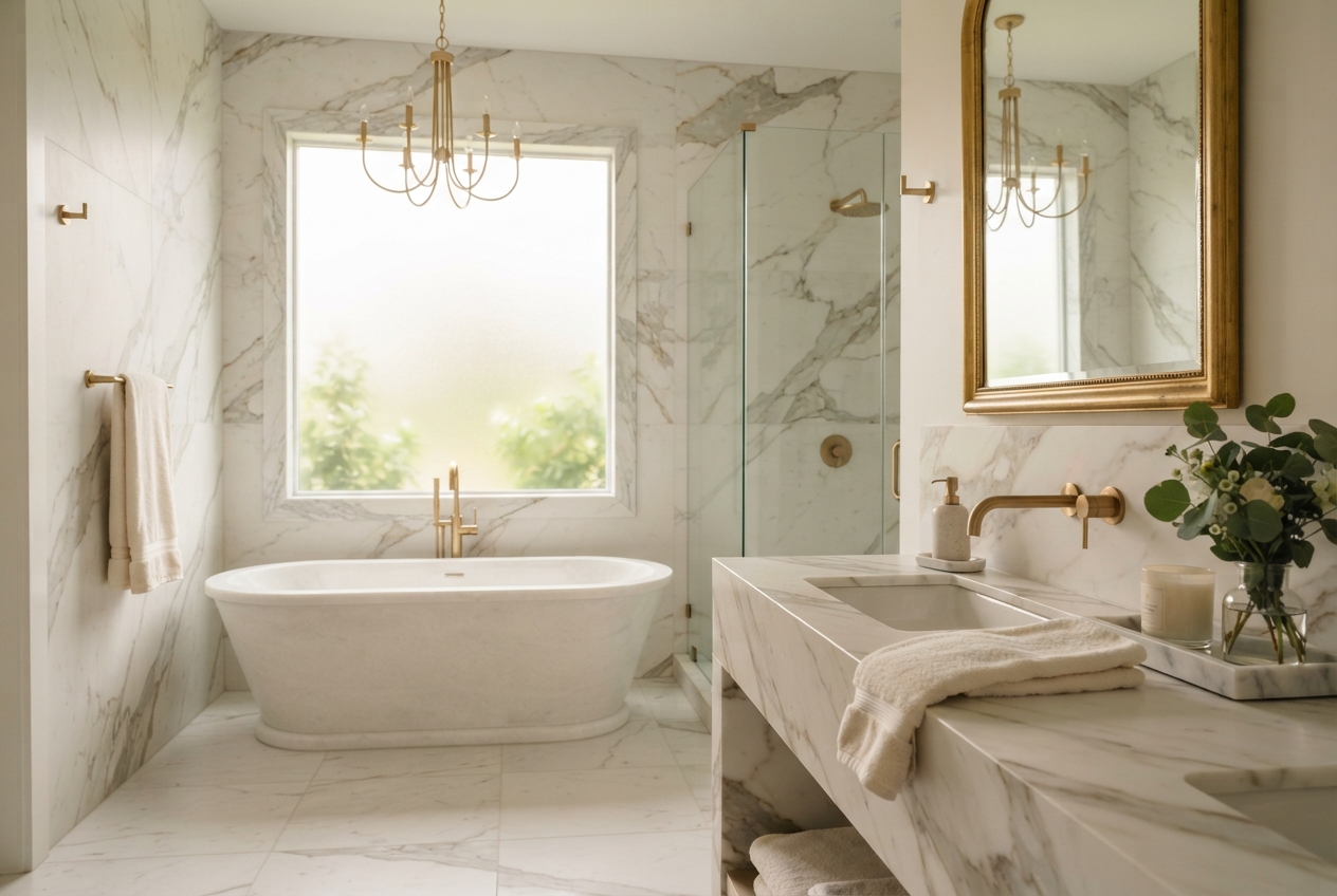 Villa Bathroom: Full marble vanity and walls